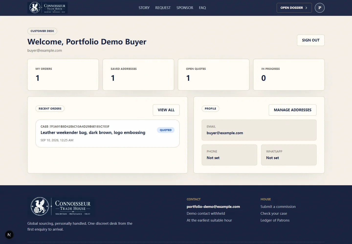 Buyer account with fictional orders.