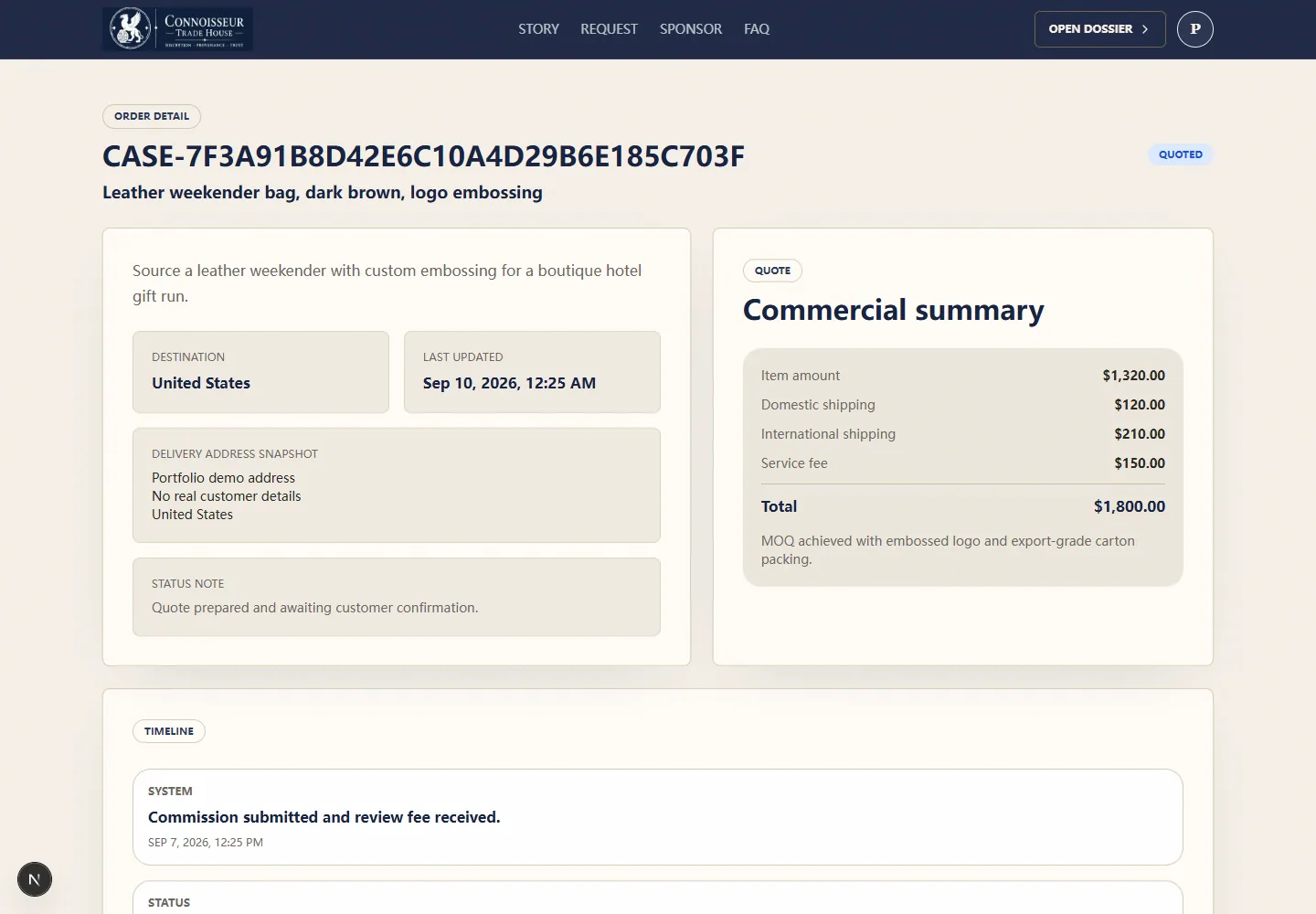 Demo order showing a quotation and sourcing timeline.