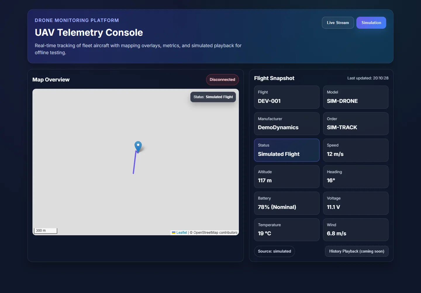 Drone monitoring dashboard displaying simulated telemetry.